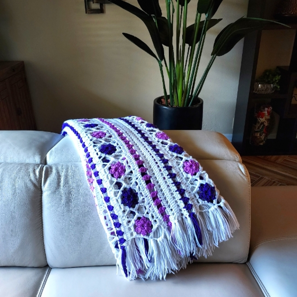 Hand Crocheted Blanket: Purple on White background:Size 105" x 68" approx